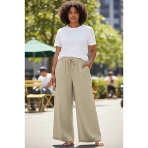 GAP Linen Blend Wide Leg Pants Flax Linen Tan Drawstring Pockets Women's XXL NEW